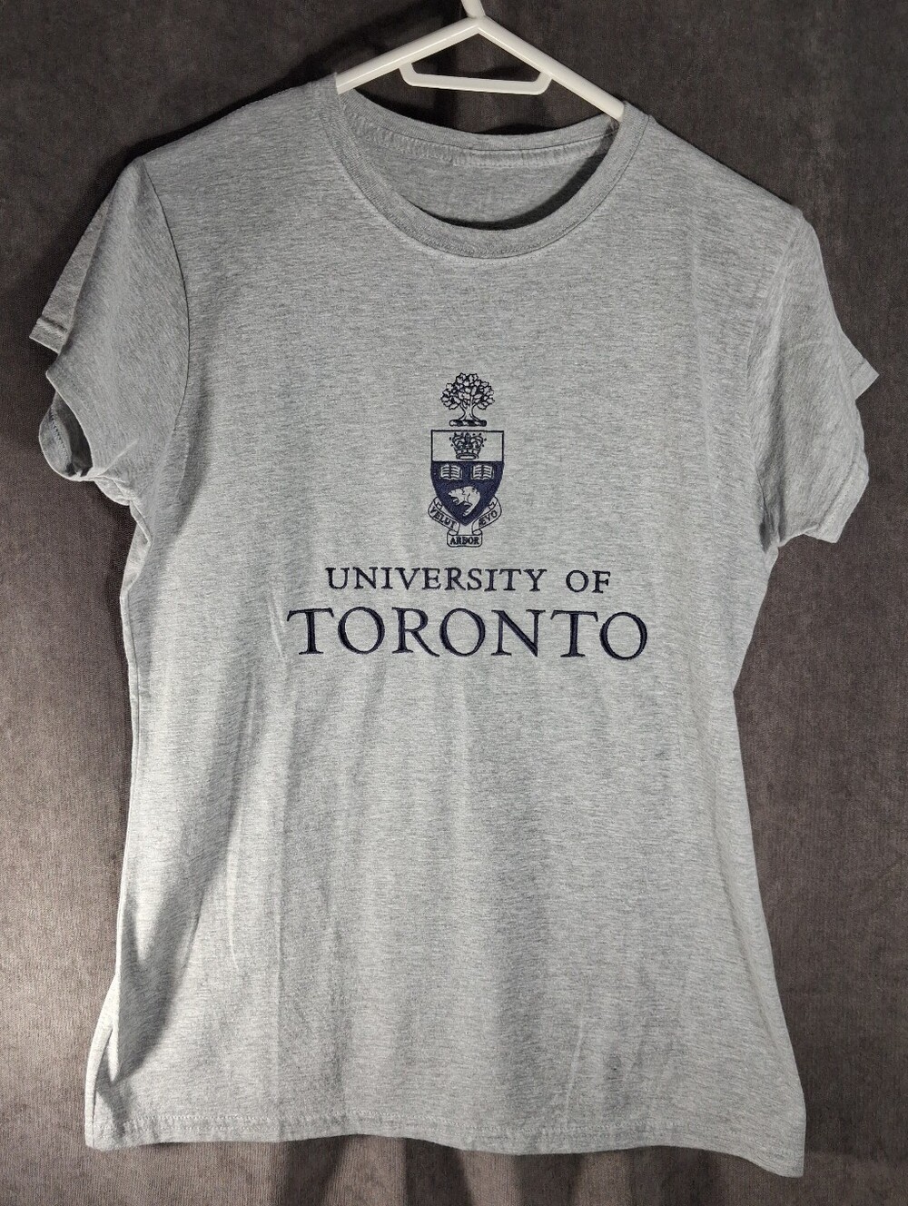 University of Toronto Light Heather Grey Embroidered Navy Crest Logo Tee VG- L
